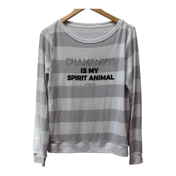 Gray White Stripe Lightweight Long Sleeve Champagne Saying Sweater Size S - Picture 1 of 5
